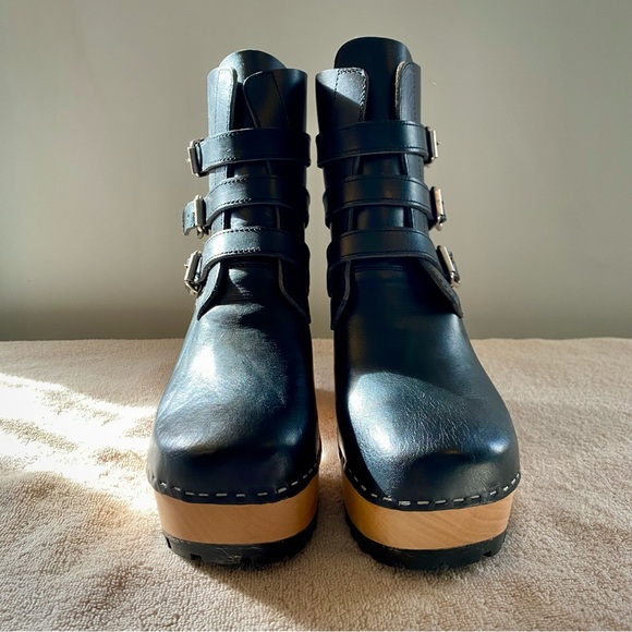 Swedish Hasbeens Buckle Boots Black Leather Platform Clog Shoes US 9 EU 39 - Picture 8 of 11